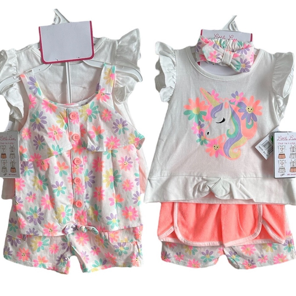 Little Lass 2T 5 Pc MixMatch Unicorn Flower Summer Clothes Shorts Tops hair pc
